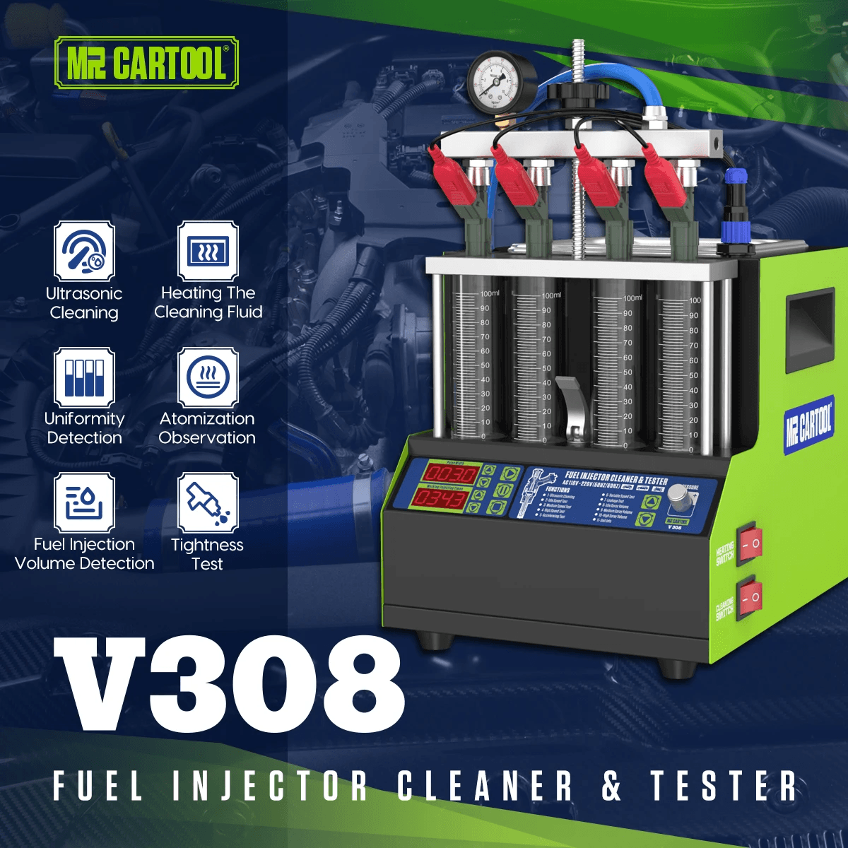 V308 Limpiador y comprobador de inyectores de gasolina de 4 cilindros