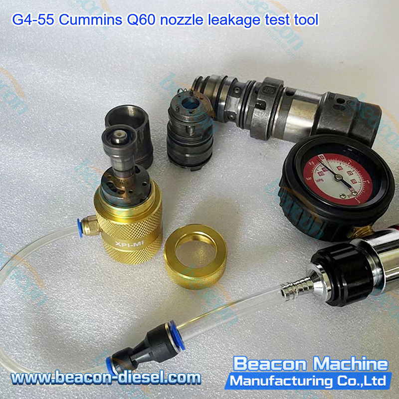 G4-55 Herramienta de Prueba de Fugas de Boquilla Cummins Q60 - ángulo operativo demostrando la aplicación para pruebas de integridad de sellado en motores Cummins Q60