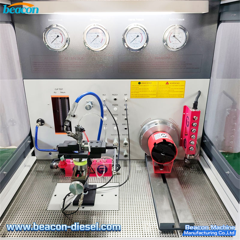 CR1029 Banco de Pruebas Common Rail - área de trabajo probando inyectores common rail y bomba common rail de alta presión con tuberías de riel dual y cilindro de medición