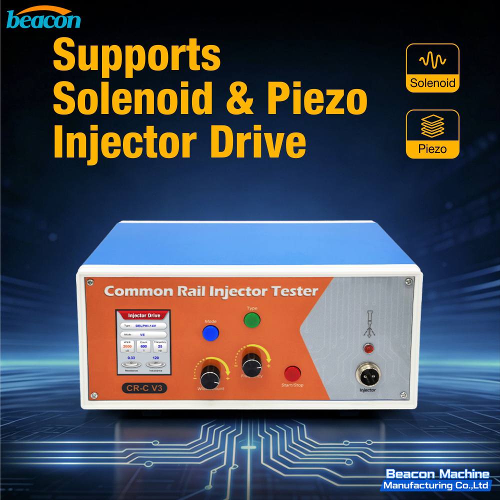 Probador de Inyectores Common Rail CR-C V3 – panel trasero con puertos de conexión y entrada de alimentación para prueba de inyectores solenoide y piezo