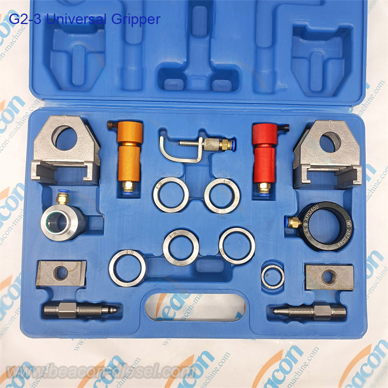 Kit de herramientas de sujeción universal G2-3 para inyectores diesel en estuche azul.