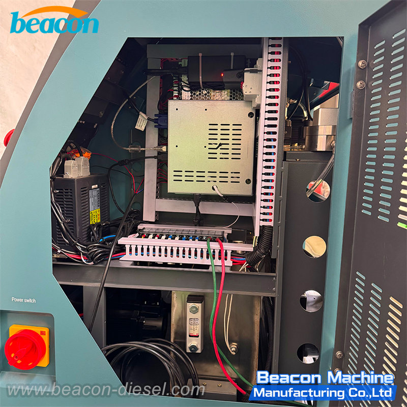 Detalles del banco de pruebas de inyectores Common Rail, vista frontal con interfaz de pantalla