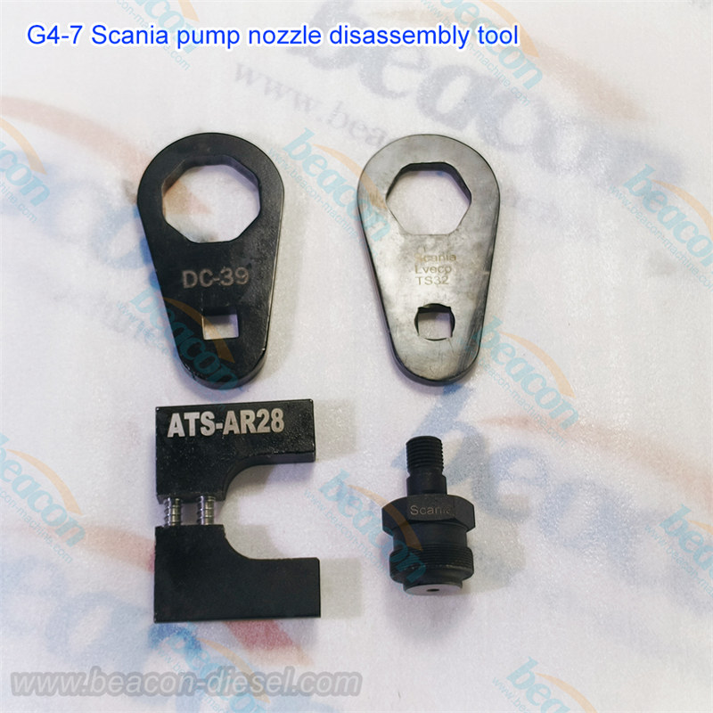 Herramientas de desmontaje de inyector bomba Scania G4-7 y llaves de reparación.