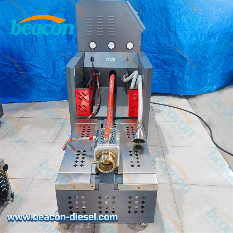 Perfil lateral del equipo de limpieza DPF mostrando la conexión de la mesa móvil.