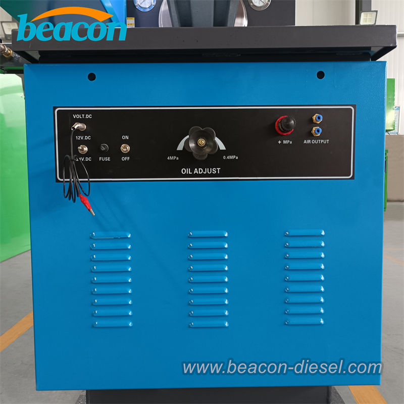 Vista lateral del banco de calibración diesel mostrando el gabinete verde