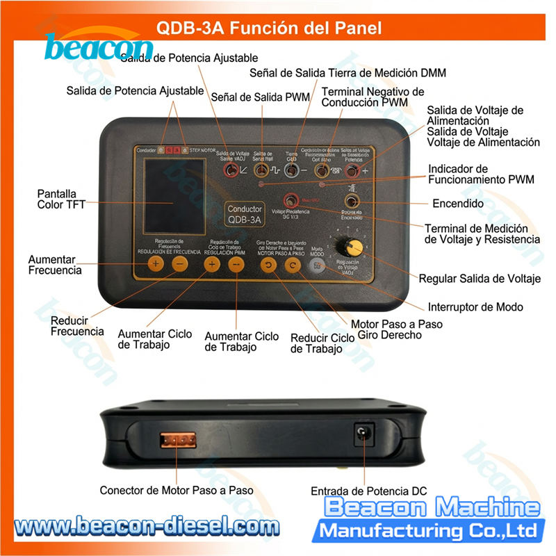 Detalle del panel de control QDB-3A con pantalla TFT y perillas